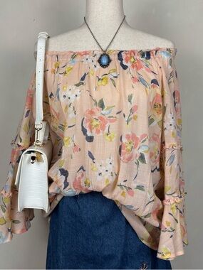 Boho Peasant Top Semi-Sheer Peach Ruffle Sleeve Cottagecore Festival Top L